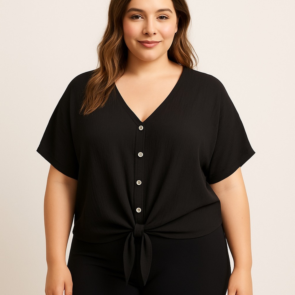 Free Kisses‎ Black Tie-Front Blouse XL | Dolman Sleeve Button Front Top